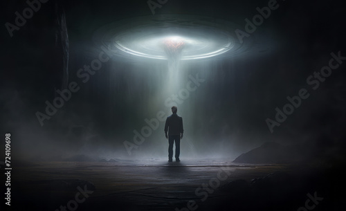 Near Death Experience, ufo hovering over a silhouette man at night in a dark night scene.