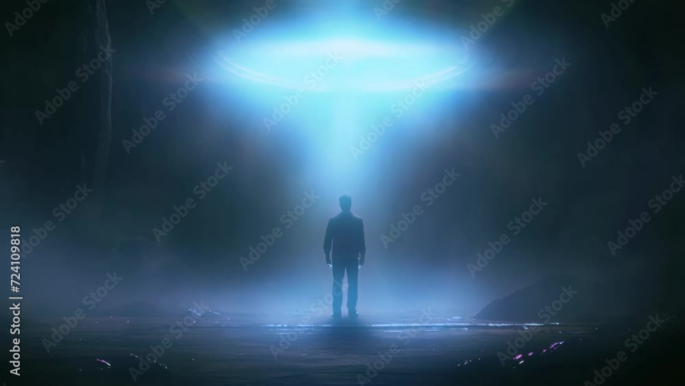 Near Death Experience, ufo hovering over a silhouette man at night in a dark night scene. Near Death Experience, ufo hovering over a silhouette man at night in a dark night scene.