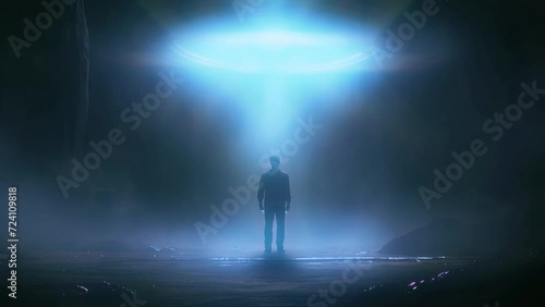 Near Death Experience, ufo hovering over a silhouette man at night in a dark night scene.