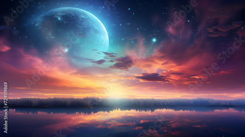 Stunning Remix of Planet Ocean Aesthetic Photo Backgrounds Blending Galaxy and Nature,, Beautiful Nature Cloudscape with Big Moon and Foggy Clouds on Blue Sky at Night  © Imran