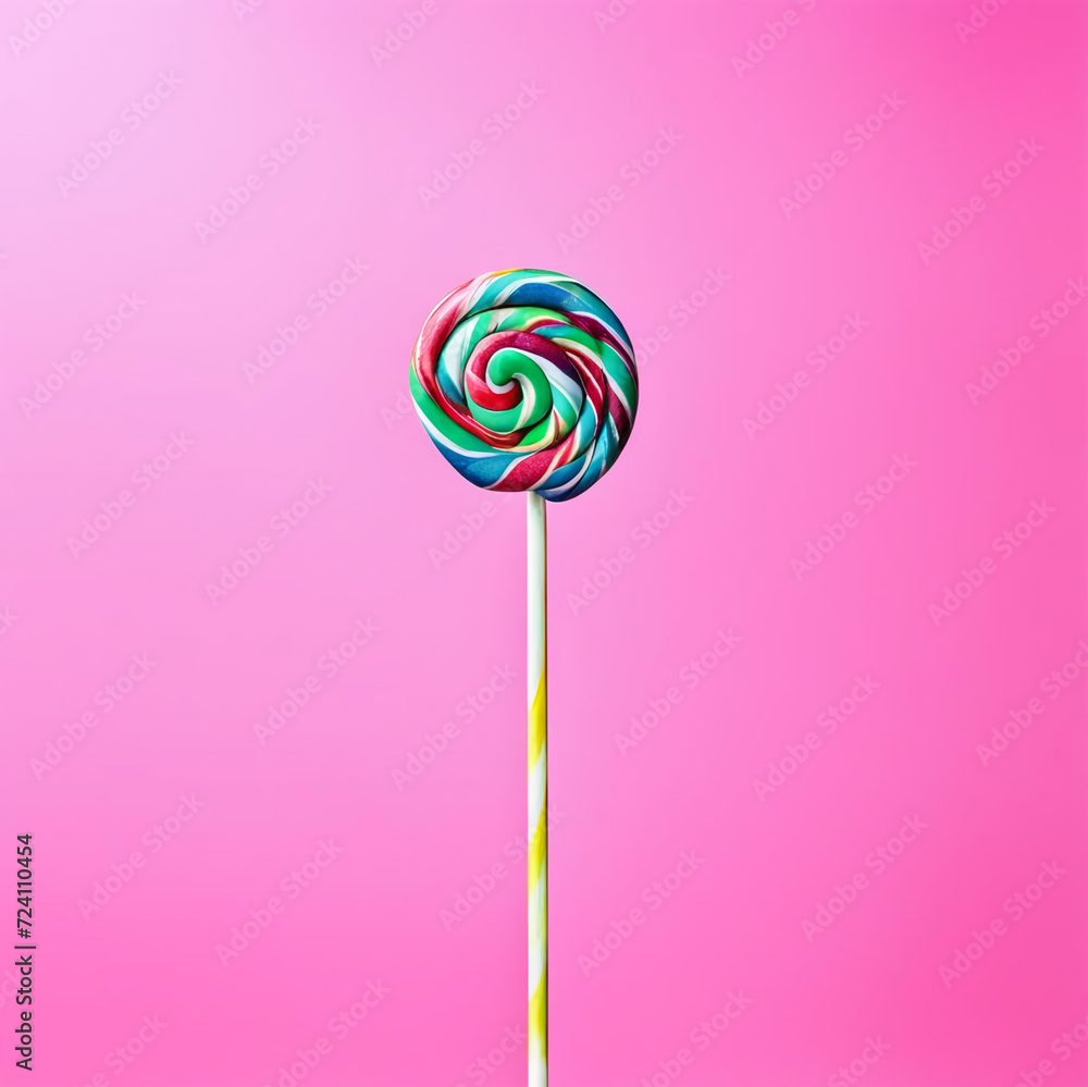 A bright pink background with a sucking candy on a long stick. A bright pink background with a sucking candy on a long stick.