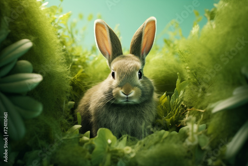 Cute bunny on a green grass  bright Easter background. Close up image of rabbit sitting in the vibrant grass. Concept  Easter holidays  spring  greeting card.