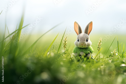 Cute bunny figure on a green grass  bright Easter background. Close up image of toy rabbit sitting in the vibrant grass. Concept  Easter holidays  spring  greeting card.