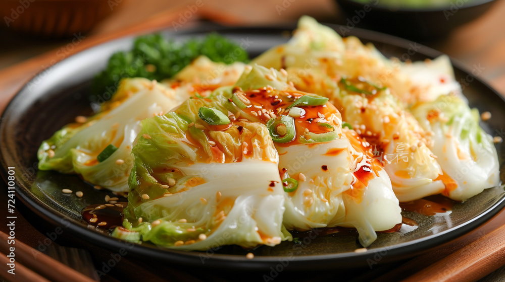 Plate with delicious stewed cabbage with spicy sauce, background in a restaurant, Korean cuisine. Homemade food. Plate with delicious stewed cabbage with spicy sauce, background in a restaurant, Korean cuisine. Homemade food.