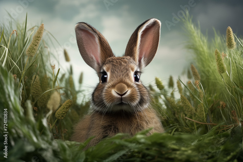 Cute bunny on a green grass, bright Easter background. Close up image of rabbit sitting in the vibrant grass. Concept: Easter holidays, spring, greeting card. © SARATSTOCK
