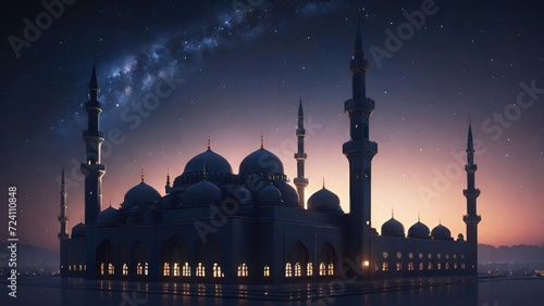 Mosque Silhouette Under the Night Sky. Suitable for Ramadan concept, Islamic concept, Greeting card, Wallpaper, Background, Illustration, etc 