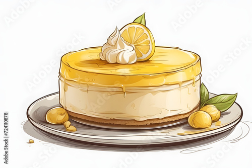 Front view of isolated lemon cheesecake illustration or cartoon on white background