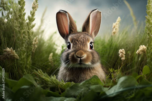 Cute bunny on a green grass, bright Easter background. Close up image of rabbit sitting in the vibrant grass. Concept: Easter holidays, spring, greeting card.