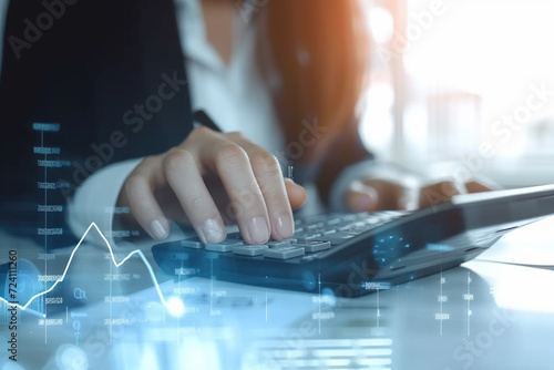 Close up of businesswoman using calculator with double exposure of financial graph, Accounting and investment concept, Generative Ai