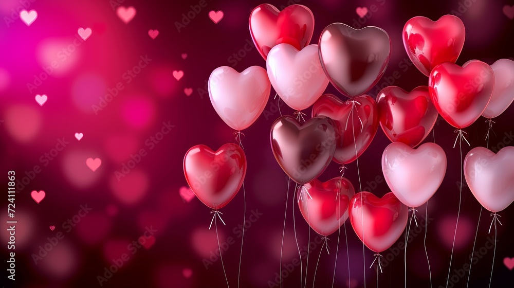 3D heart-shaped balloons floating in a festive Valentine's celebration. Abundance of love represented by glossy red and pink helium balloons.