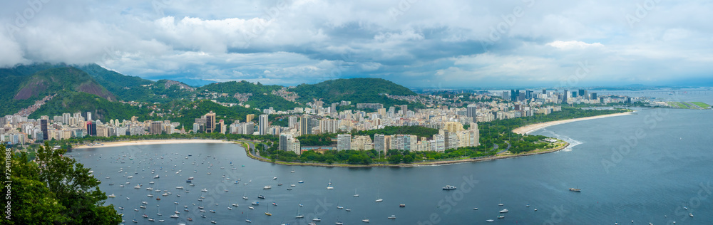Breathtaking view of the Botafogo and Flamengo beaches, downtown Rio and local airport from the Urca mountain top, Rio de Janeiro, Brazil