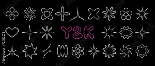 Y2k pixelated shape set - star, spark, flower and other abstract objects. Collection of isolated vector retro elements for modern 2000s design