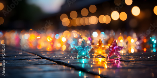 Abstract bokeh shimmering star glitter decorations with blurry defocused background