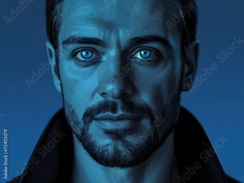 Portrait of a man with blue eyes. Blue background. Generative AI