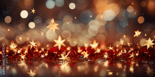 Abstract bokeh shimmering red star glitter decorations with blurry defocused background