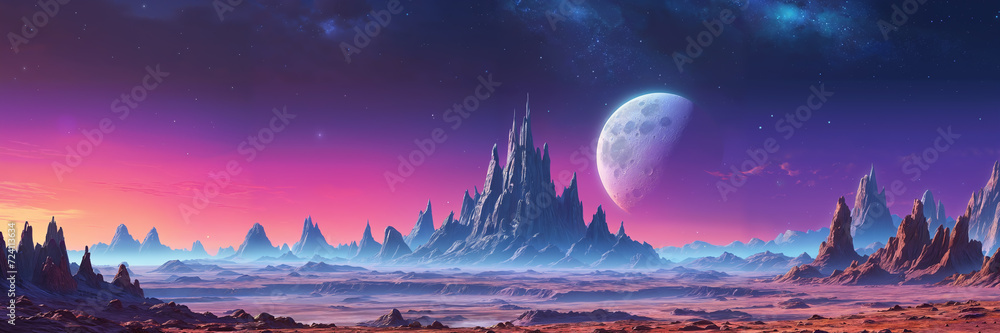 Surreal landscape with futuristic alien mountains and enormous planet ...