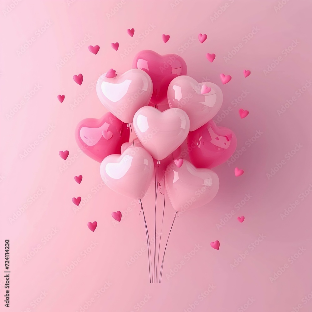 Bouquet of Heart-Shaped Balloons on Pink Background. Generative ai