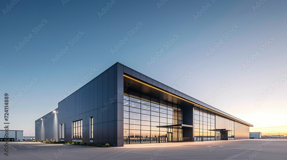 Obraz premium Modern Commercial Warehouse Exterior at Dusk. Generative ai