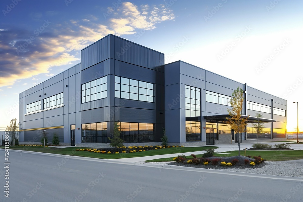Modern Commercial Warehouse Exterior at Dusk. Generative ai Modern Commercial Warehouse Exterior at Dusk. Generative ai