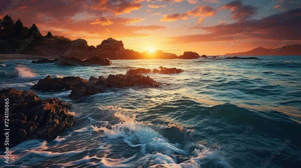 Beautiful seascape. Panoramic view of the sea at sunset