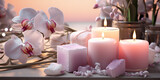 Pink candles with pink flowers and zen stones on pink background beauty spa treatment and relax concept, 

