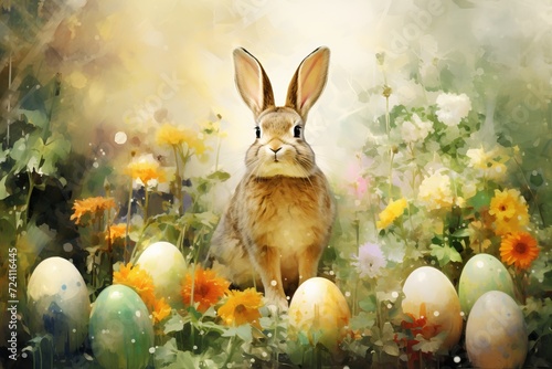 Whimsical easter bunny surrounded by colorful eggs in a beautiful blooming spring garden
