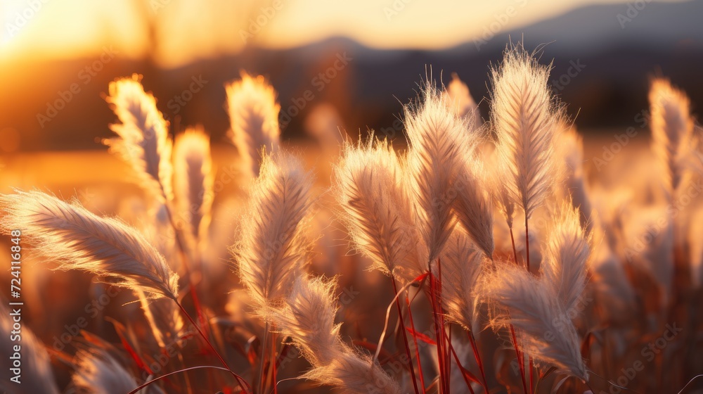 Fototapeta premium Beautiful sunset over a meadow with fluffy white pampas grass