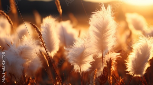 Beautiful sunset over a meadow with fluffy white pampas grass