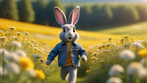 Rabbit in the field with flowers. Generative AI