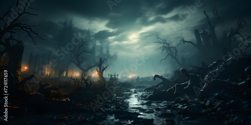 Spooky graveyard under dark night sky in Halloween vibe
