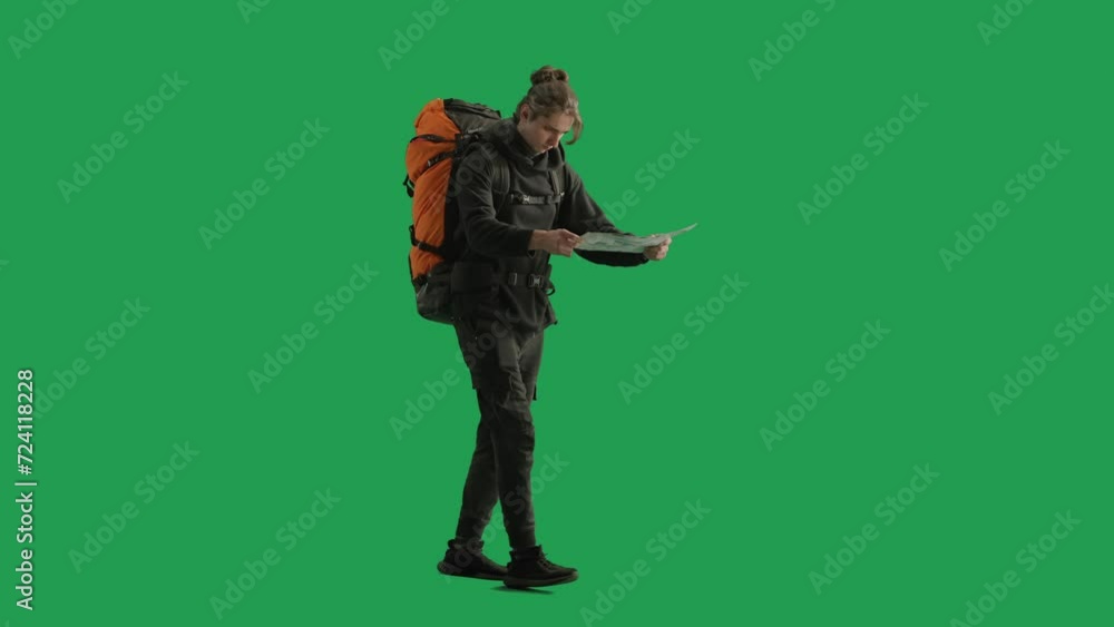 A male tourist studies a map of the area while hiking. A man traveler in full length with a backpack on his back walking in the studio on the green screen. A male tourist studies a map of the area while hiking. A man traveler in full length with a backpack on his back walking in the studio on the green screen.