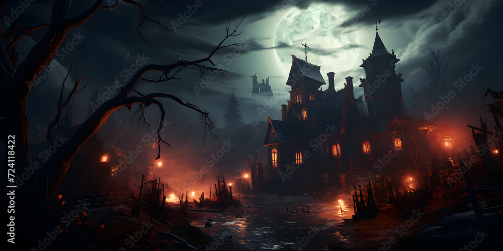 Spooky castles under dark night sky in Halloween vibe
