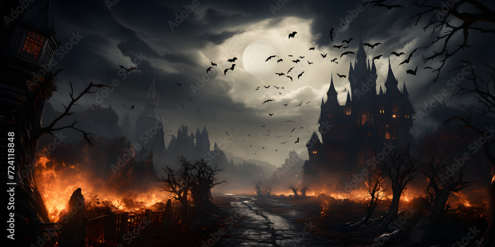 Spooky castles under dark night sky in Halloween vibe