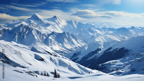 Beautiful winter mountains panorama with snow covered peaks and blue sky
