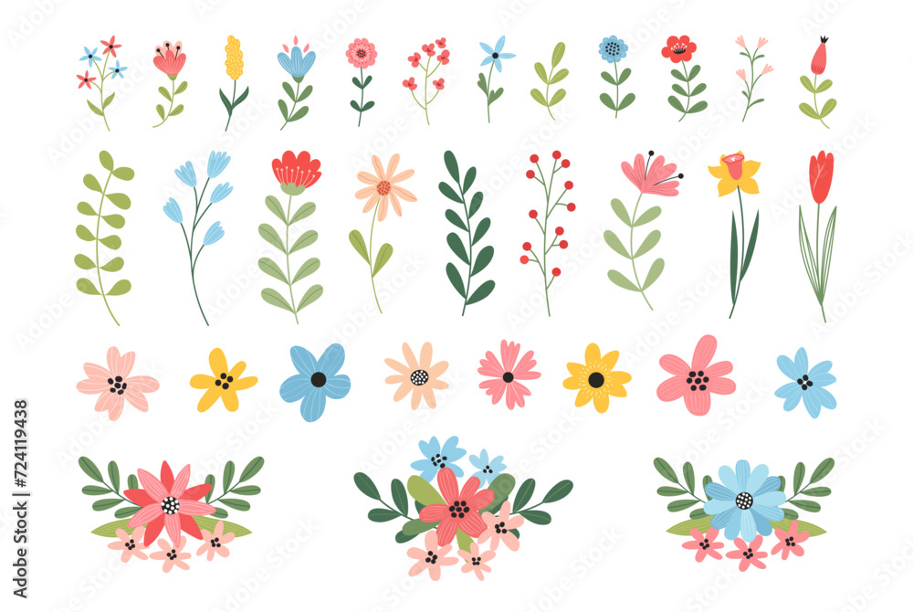 © Anna Bova - Set of beautiful spring and summer flowers, leaves, plants, floral bouquets. Vector illustration.