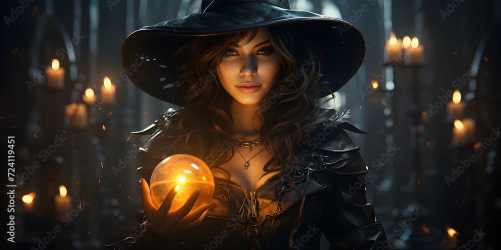 Witch with magic crystal ball in Halloween vibe Witch with magic crystal ball in Halloween vibe