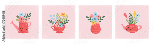 Set of spring backgrounds, template of greeting card. Hand drawn bouquets of flowers in a watering can, teapot, cup, vase. Spring holidays. Perfect for March 8, Women's Day, Mother's Day.