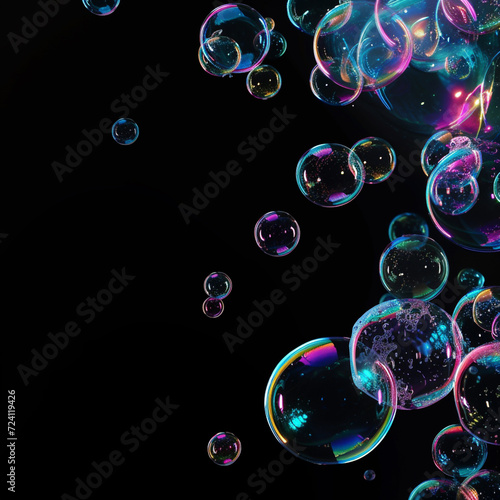 Colorful soap bubbles on black background. 