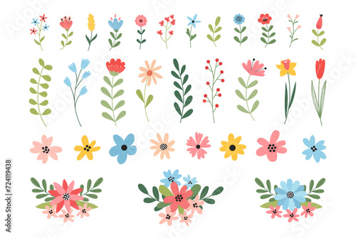 Set of beautiful spring and summer flowers, leaves, plants, floral bouquets. Vector illustration. #724119438