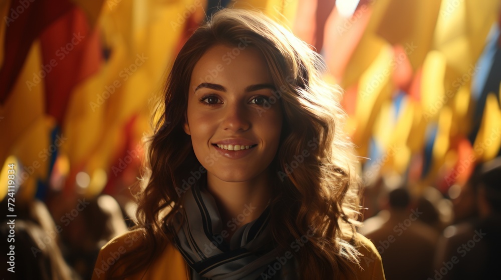 Beautiful young woman and different flags on yellow background. Studying of foreign languages Beautiful young woman and different flags on yellow background. Studying of foreign languages