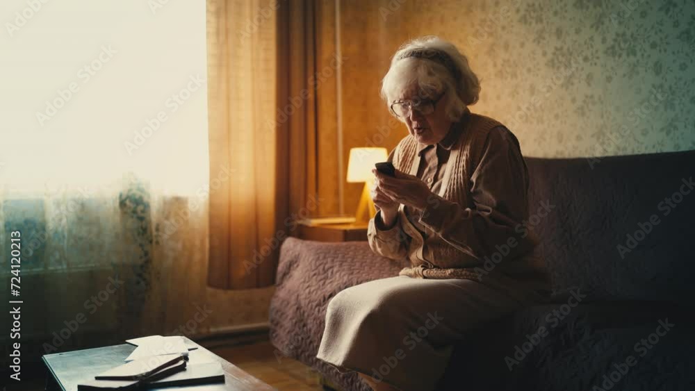 Elderly woman in eyeglasses dialing phone number on cellphone, calling children Elderly woman in eyeglasses dialing phone number on cellphone, calling children
