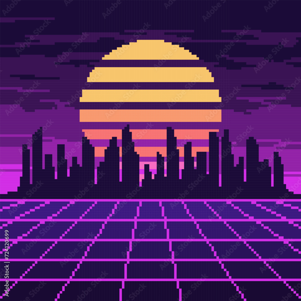 Pixel synthwave purple grid with dark city and sun background. Neon blue vaporwave landscape with grid digital design with dark skyscrapers and striped star in vector sky