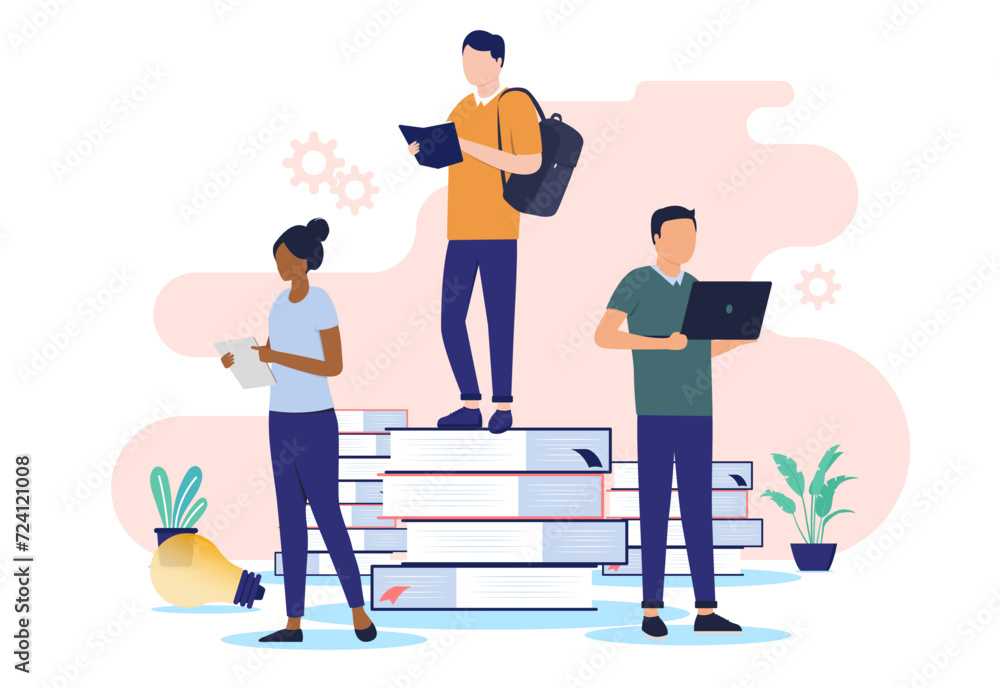 Students with computers and books standing while studying, taking education and doing school work together as a team. Studying concept in flat design vector illustration with white background