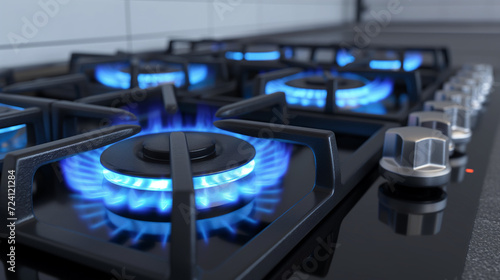 Kitchen stove blue gas burner with gas on. Gas prices, heat and cook with gas