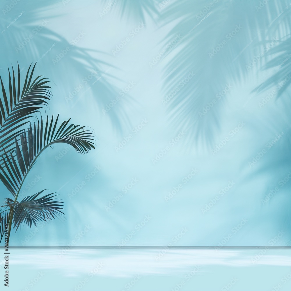 Blurred shadow from palm leaves on the light blue wall. Minimal abstract studio background for product presentations. Spring and summer. AI generated illustration