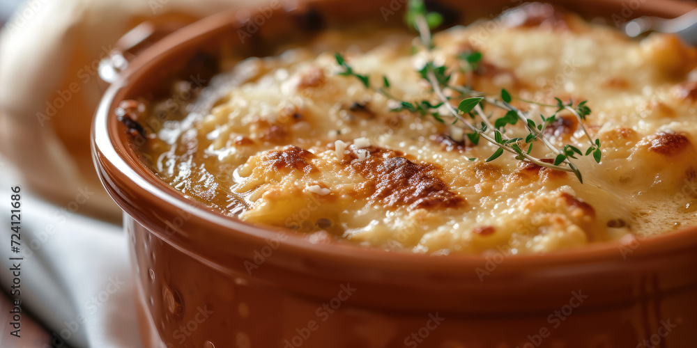 Classic French Onion Soup with Melted Cheese. A close-up of a traditional French onion soup topped with melted cheese and fresh thyme, served in a ceramic bowl. Classic French Onion Soup with Melted Cheese. A close-up of a traditional French onion soup topped with melted cheese and fresh thyme, served in a ceramic bowl.