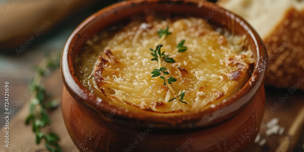 Obraz na płótnie Classic French Onion Soup with Melted Cheese. A close-up of a traditional French onion soup topped with melted cheese and fresh thyme, served in a ceramic bowl. w salonie
