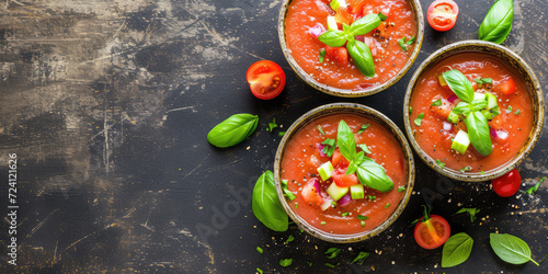 Chilled Gazpacho Soup with Diced Vegetables. Gazpacho soup topped with finely diced vegetables and parsley, served in a bowl, copy space.