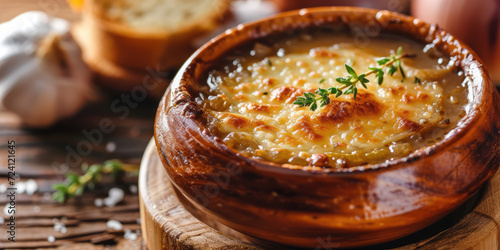 Classic French Onion Soup with Melted Cheese. A close-up of a traditional French onion soup topped with melted cheese and fresh thyme, served in a ceramic bowl, copy space.