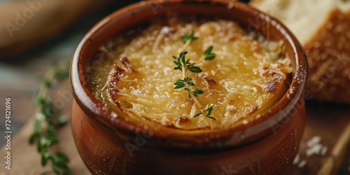 Classic French Onion Soup with Melted Cheese. A close-up of a traditional French onion soup topped with melted cheese and fresh thyme, served in a ceramic bowl.